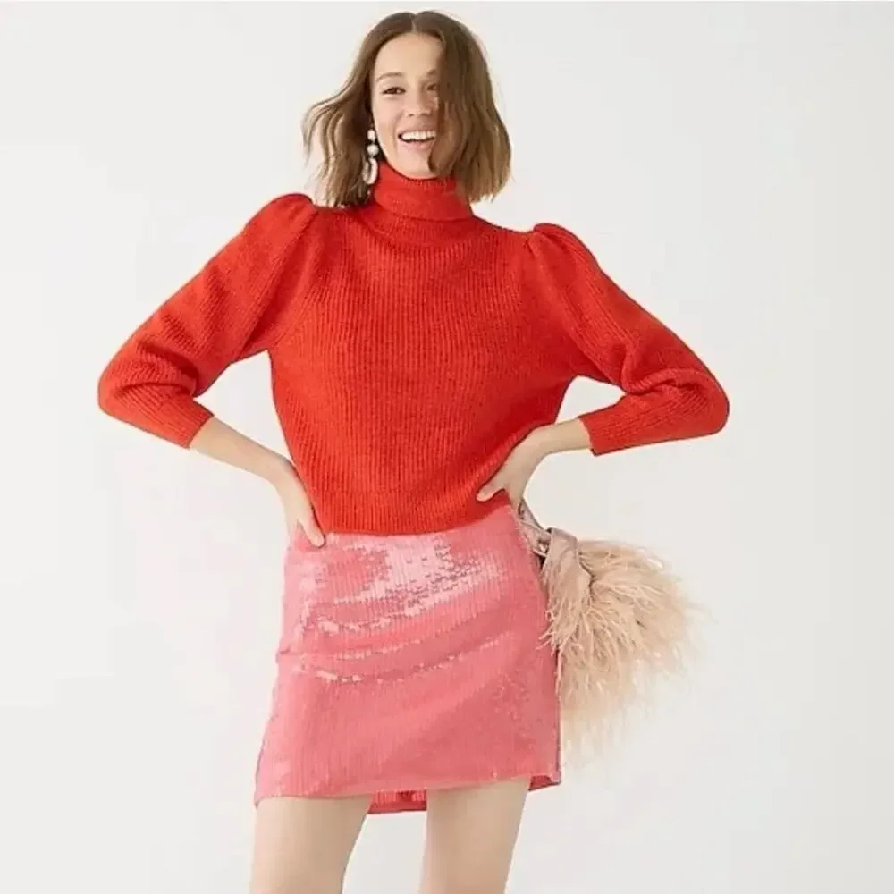 J. Crew Cropped Puff-Sleeve Turtleneck Sweater Persimmon Poppy Womens Small $118